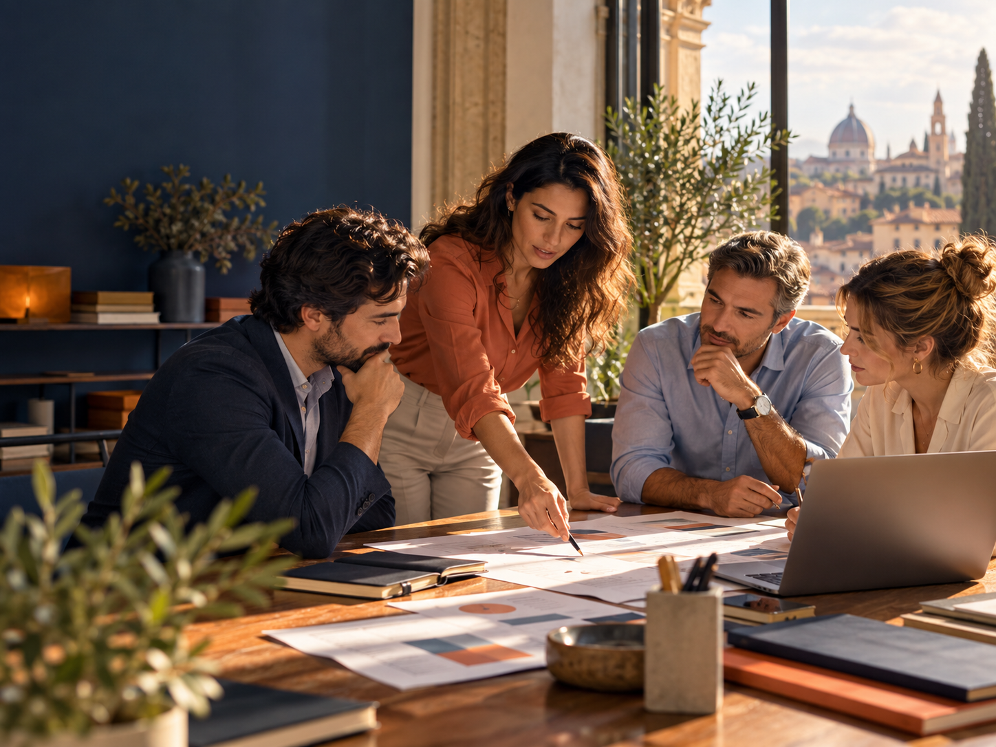 Scena illustrativa di professionisti che lavorano insieme attorno a un tavolo.